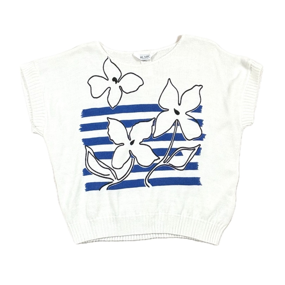 Vintage 80s Blair 100% acrylic white blue Flower floral sweater women XL